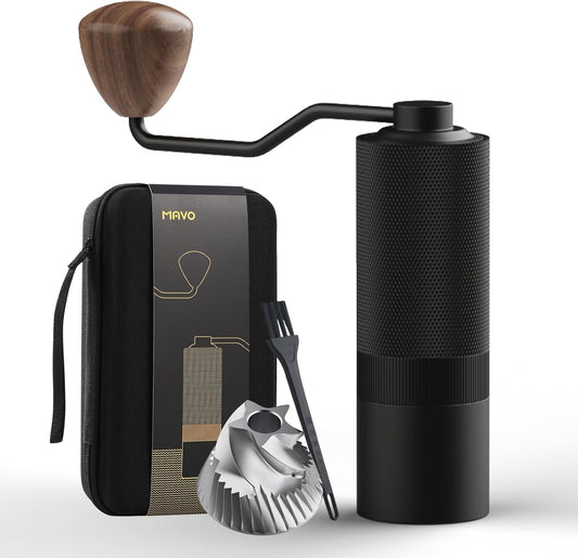 Black coffee grinder with wooden handle, carrying case, and additional tools on a white background