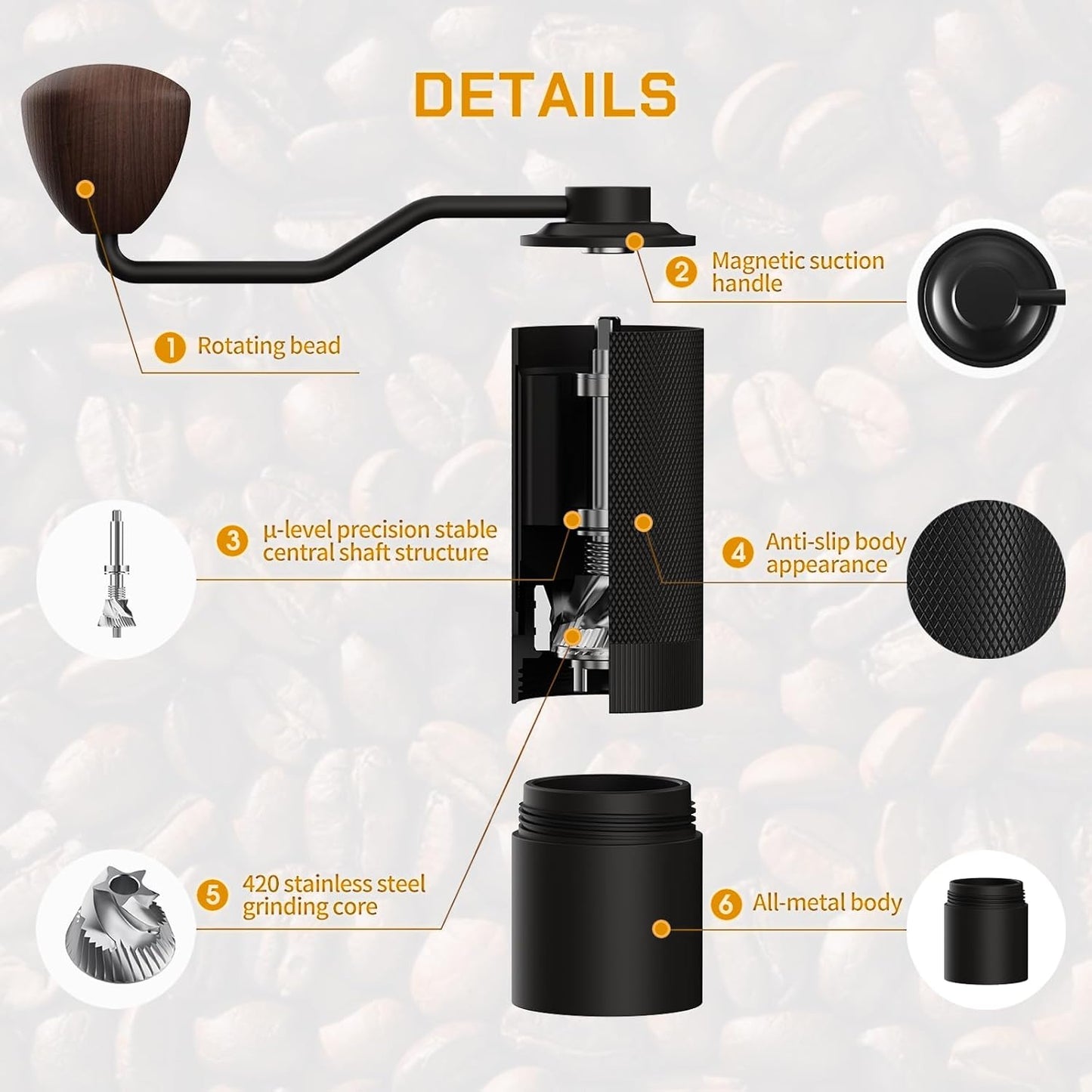 Black manual coffee grinder with labeled features on a white background