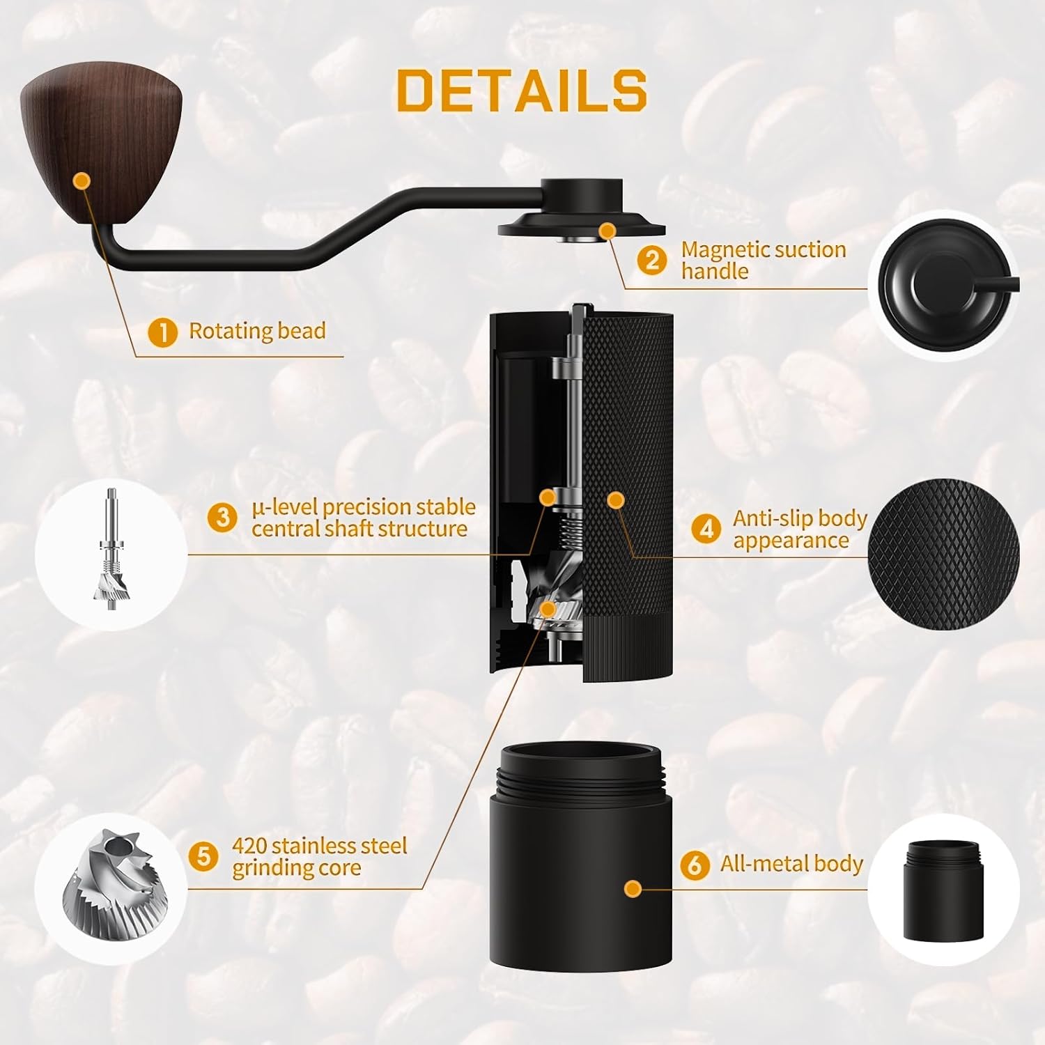 Black manual coffee grinder with labeled features on a white background