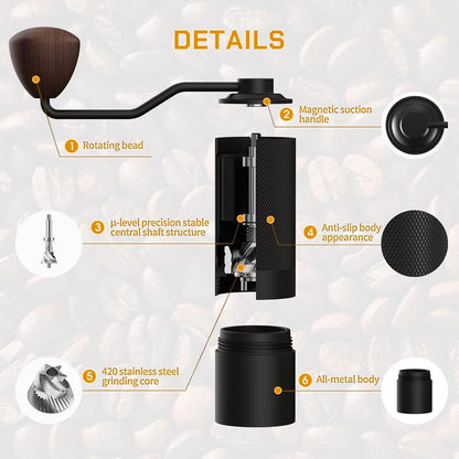 Black manual coffee grinder with labeled features on a white background