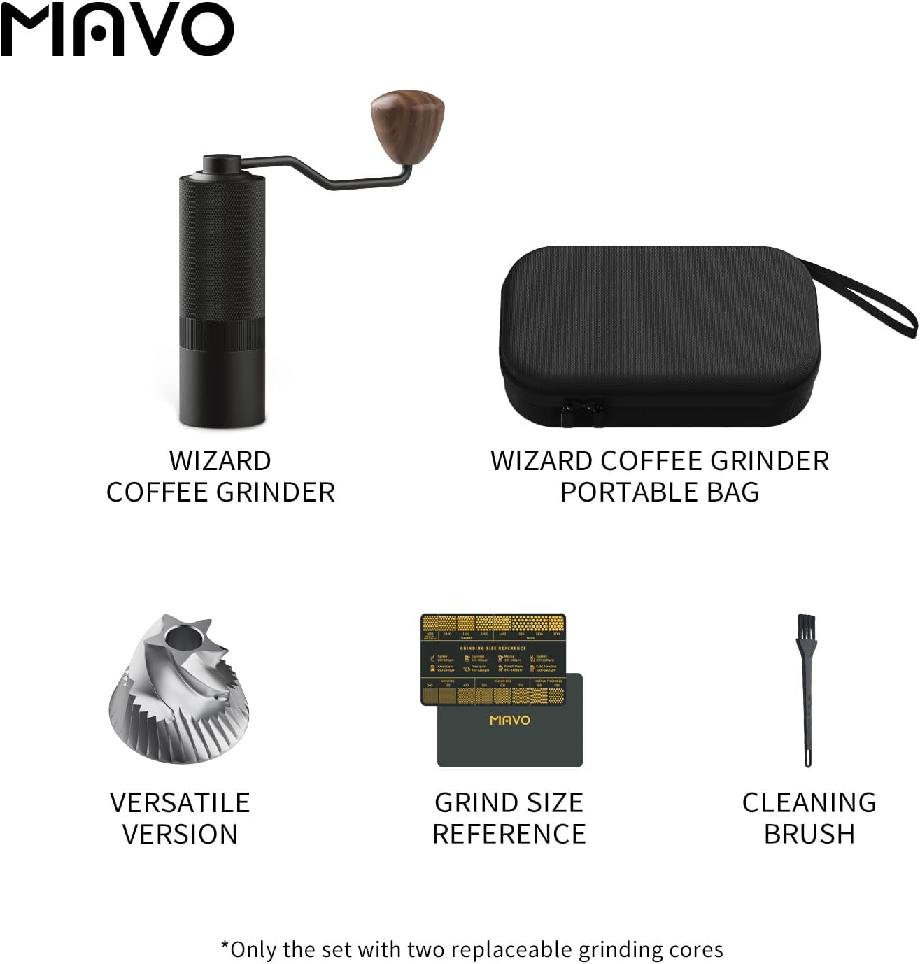 Mavo coffee grinder set with grinder, portable bag, cleaning brush, and grind size reference on a white background.