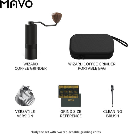 Mavo coffee grinder set with grinder, portable bag, cleaning brush, and grind size reference on a white background.