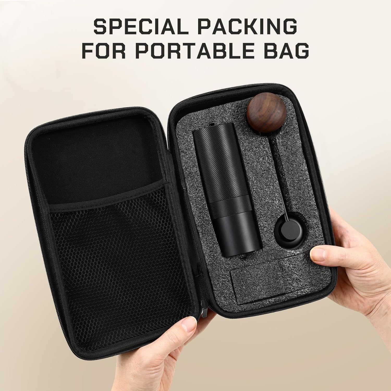Black portable coffee maker set in a textured carrying case held by hands against a beige background.