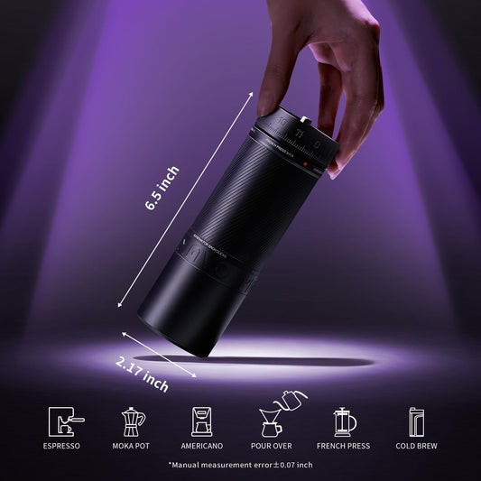 Black portable coffee maker with dimensions and brewing method icons on a purple background