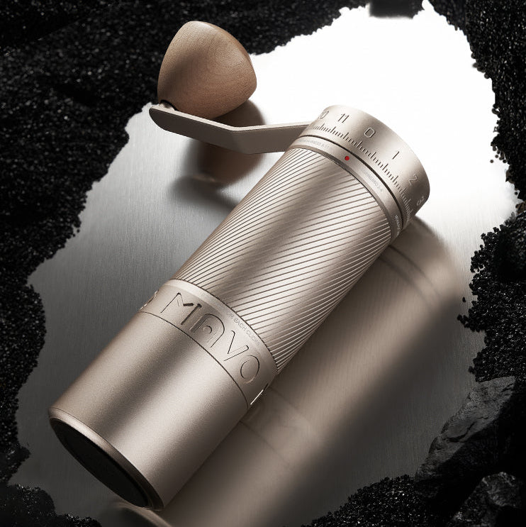 Mavo Coffee grinder Makeup brush and container with 'INVO' branding on a textured black and white background