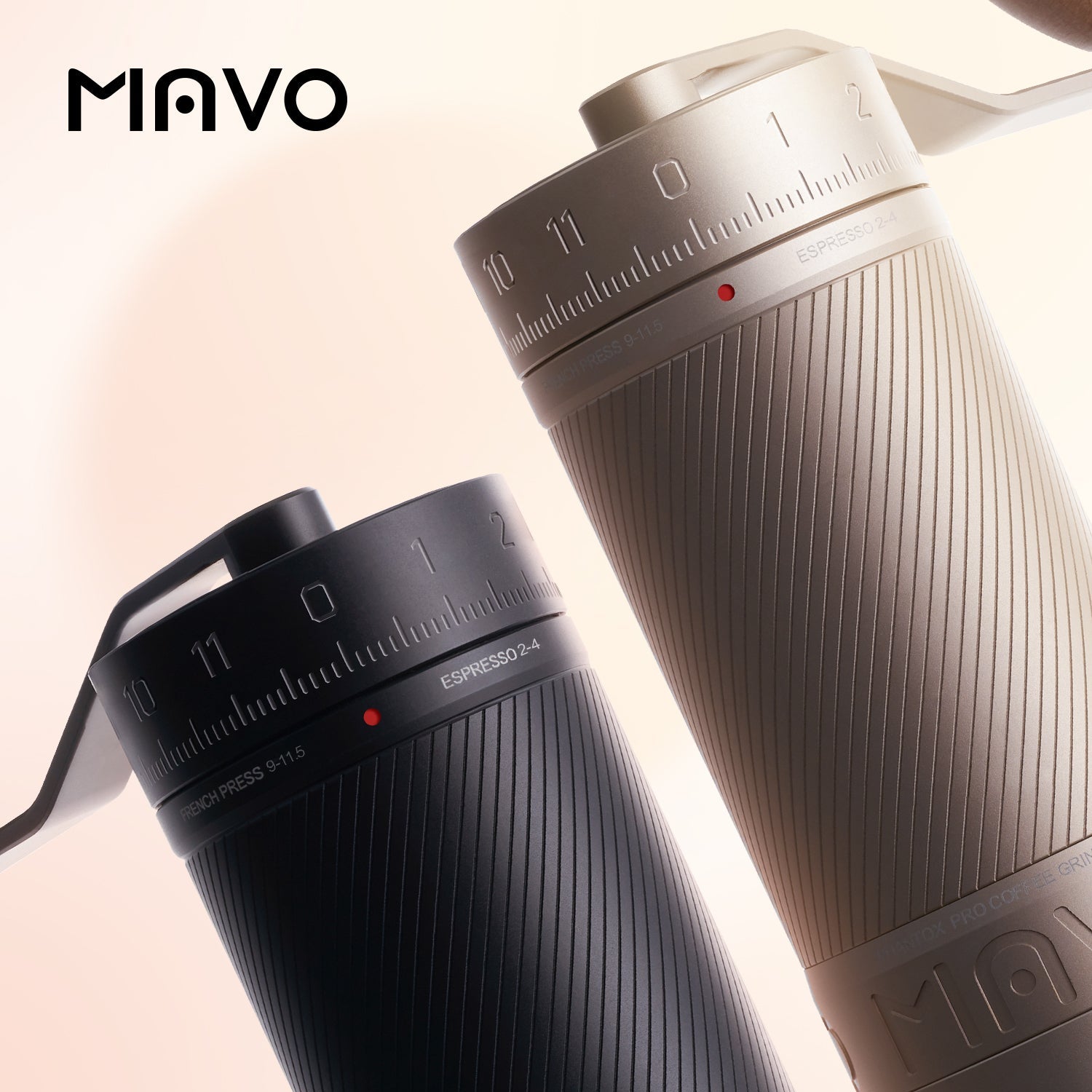 Two Mavo coffee grinders, one black and one beige, on a light pink background.