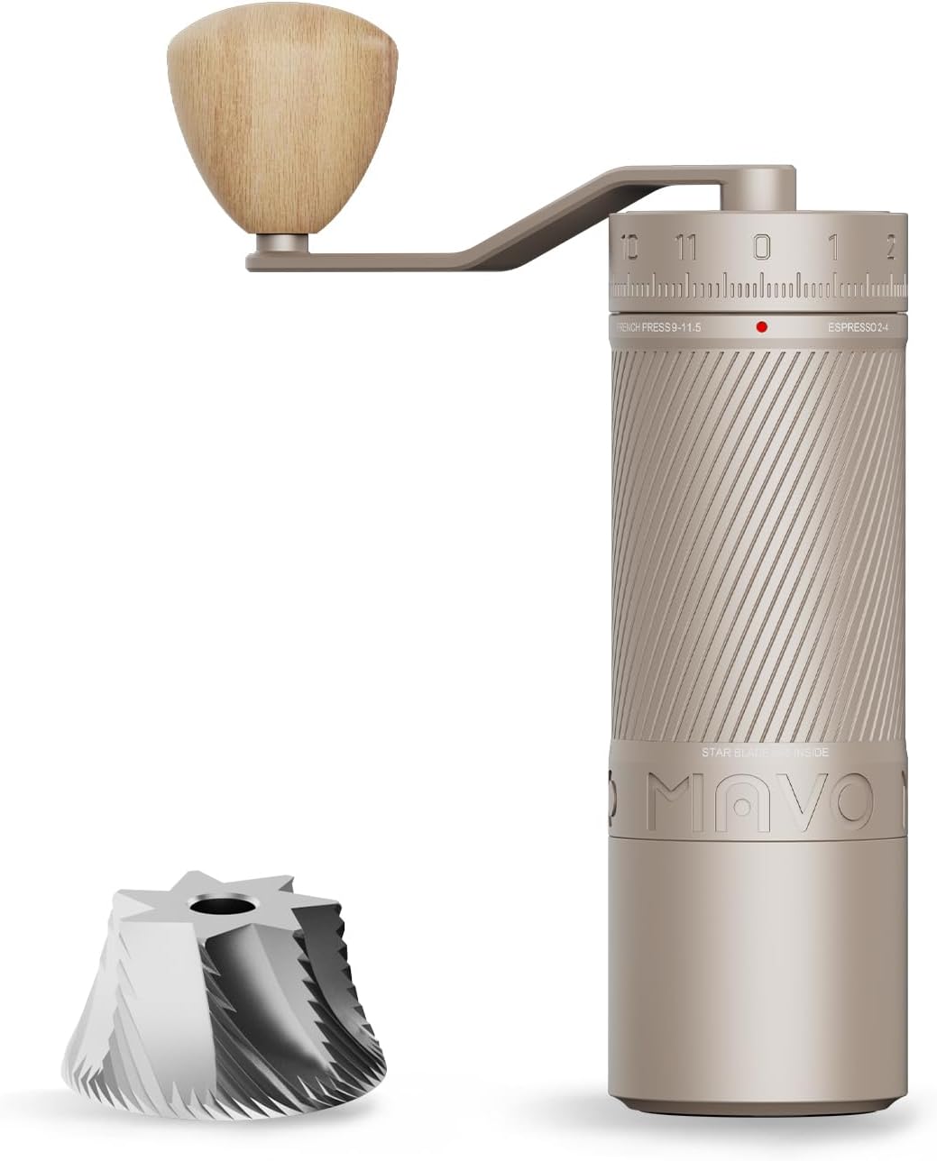 Mavo Beige manual coffee grinder with wooden handle and metal conical burrs on a white background Slier Color